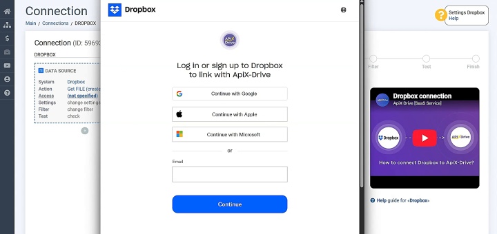 Log in to Dropbox to link with ApiX-Drive