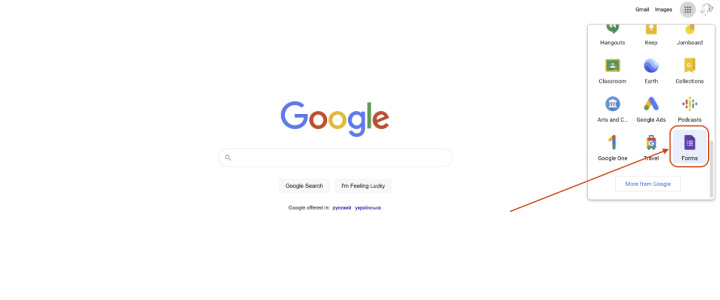 Click the Google Application icon and select the Forms icon from the list that opens