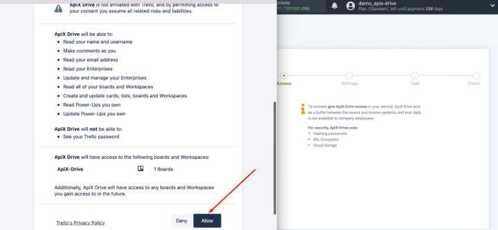 Google Sheets and Trello integration | Give the permission to ApiX-Drive service&nbsp;