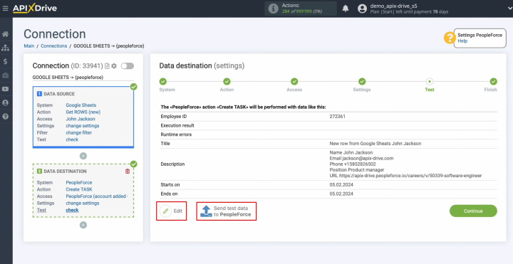 Google Sheets and PeopleForce integration | Click “Edit” or “Send test data to PeopleForce”