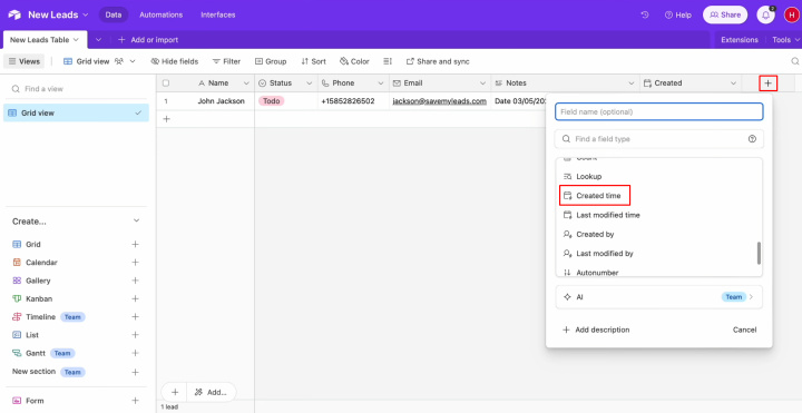 Airtable and MailChimp integration | Press "plus" and select the column "Created time"