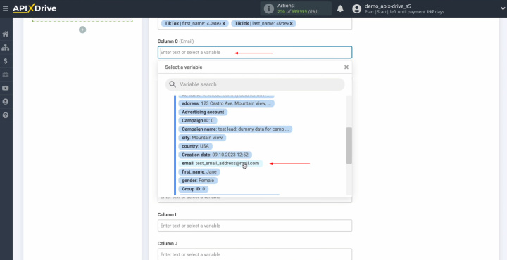 TikTok and Google Sheets integration | Select a variable from the drop-down list