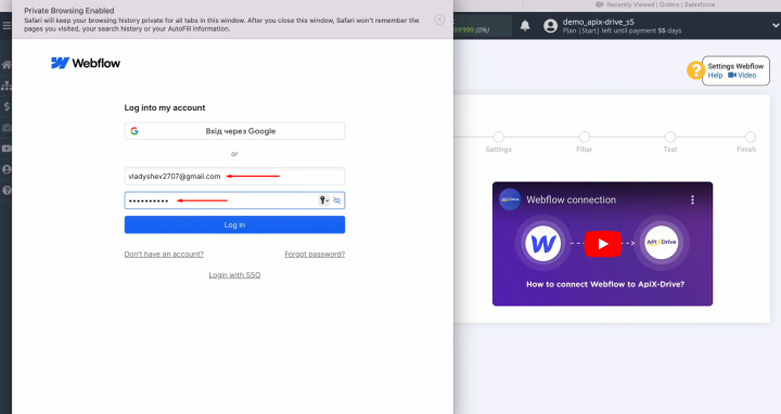 Webflow and Salesforce integration | Specify the login and password