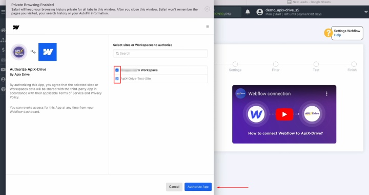 Webflow and Google Sheets integration | Grant access to your workspace