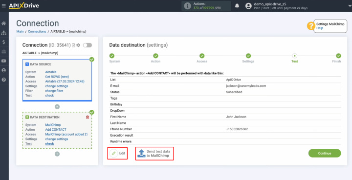 Airtable and MailChimp integration | Click “Send test data to MailChimp”