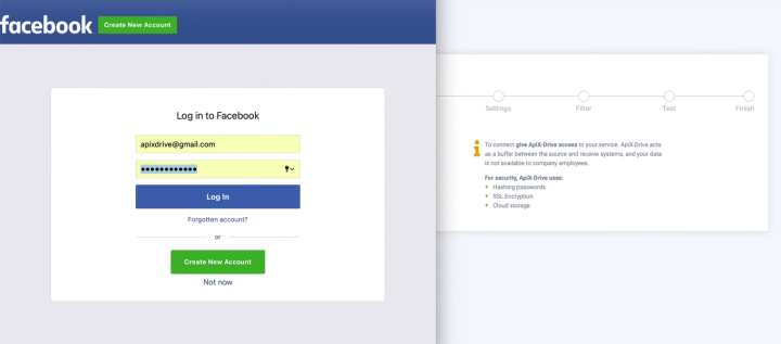 Facebook and Todoist integration | Enter login and password