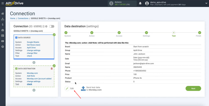 Google Sheets and Monday.com integration | Click “Edit” if you need it