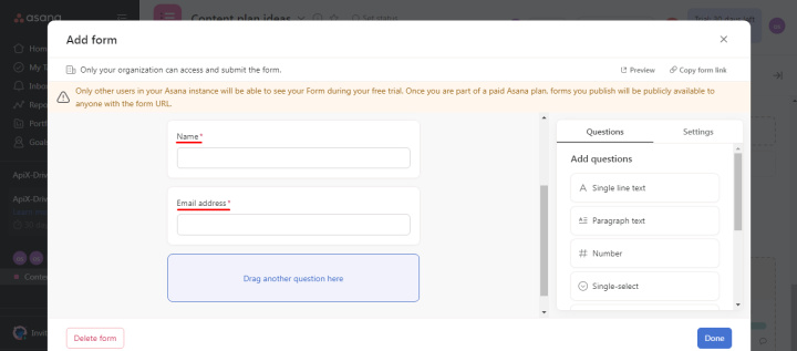 How to create forms in Asana | The fields “Name” and “Email”