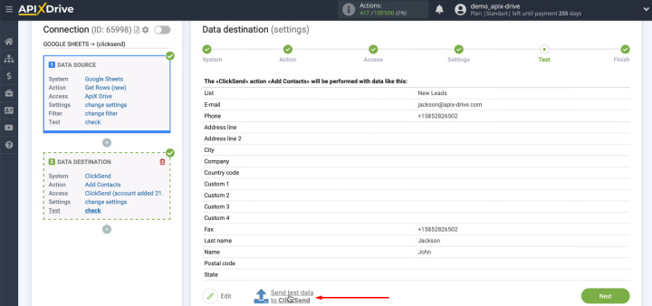 Google Sheets and ClickSend integration | Click "Send test data to ClickSend"