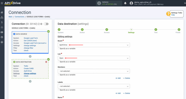Google Lead Form and Trello integration | Select a board and a list
