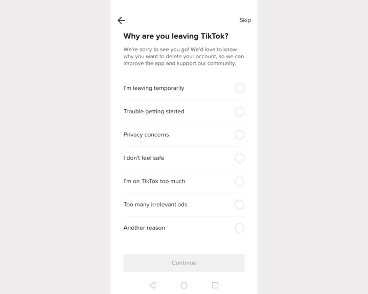 Deleting a TikTok account | Choice of reason
