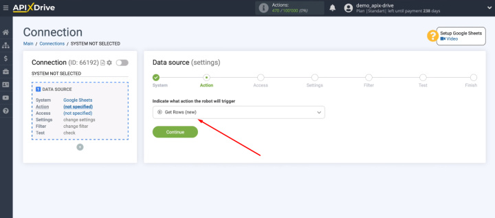 Google Sheets and Trello integration | Select the action "Get Rows (new)"