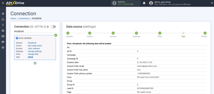 Facebook and Google Sheets integration | Test data