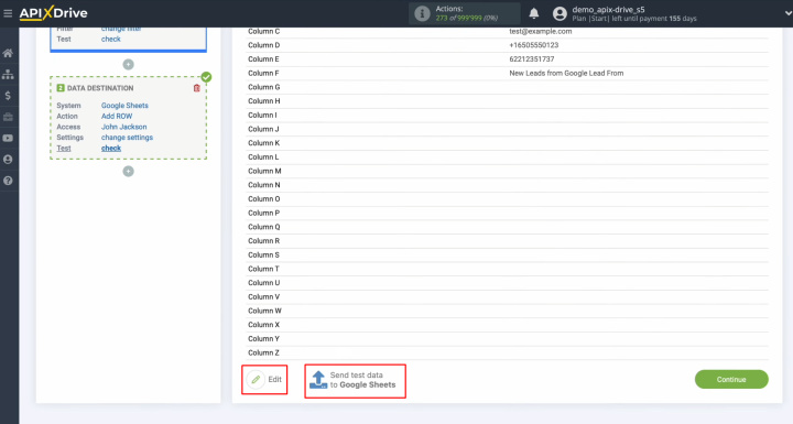 Google Lead Form and Google Sheets integration | Click “Send test data to Google Sheets”