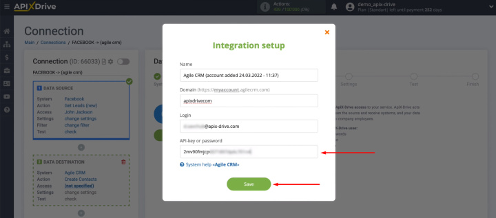 Facebook and Agile CRM integration | Insert the API key