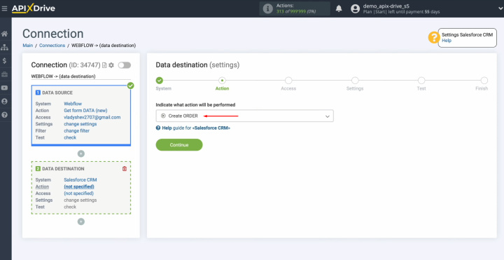 Webflow and Salesforce integration | Select an action