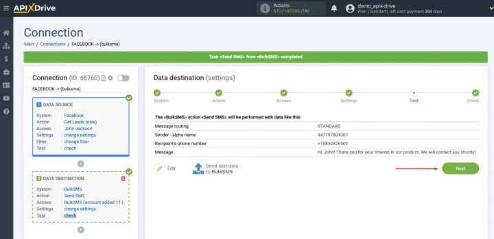 Facebook and BulkSMS integration | Return to ApiX-Drive and proceed the configuration