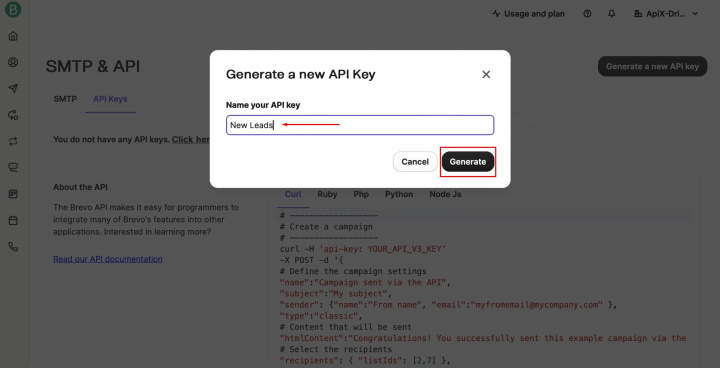 Google Contacts and Brevo integration | Specify a name for the new key and click “Generate”
