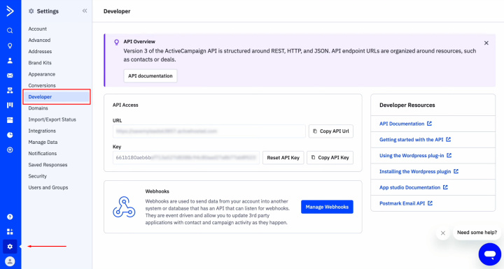 Tally and ActiveCampaign integration | Go to the Developer section in the settings of your ActiveCampaign account