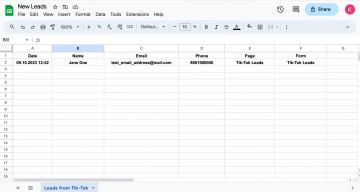 TikTok and Google Sheets integration | Result of connecting platforms