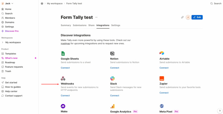 Tally and MailerLite integration | Find the "Webhooks" system, and click "Connect"