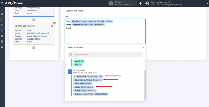 Click in the field and select a variable