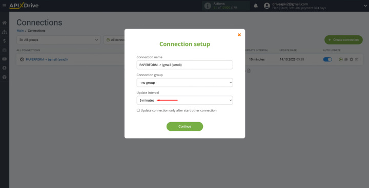 Paperform and Gmail integration | Select the interval for the operation of the connection