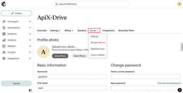 Integración de Airtable y MailChimp | Busque las secciones "Extras" y "Claves API"