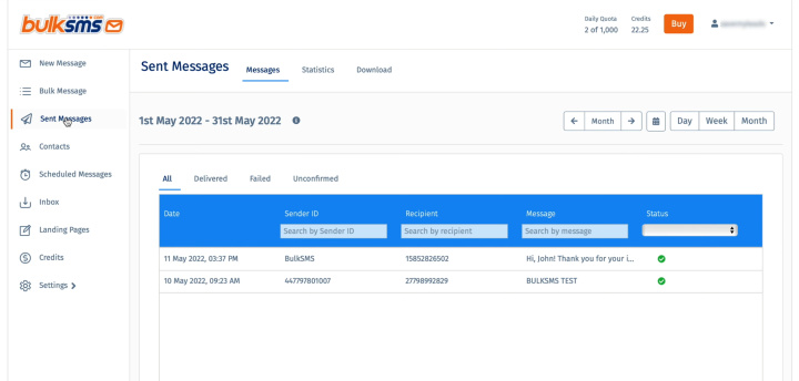 Integración de Facebook y BulkSMS | Resultado de la transferencia de datos a BulkSMS