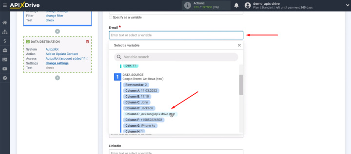 Integración de Hojas de cálculo de Google y Autopilot | Definir datos