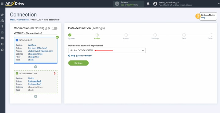 Integración de Notion y Webflow | Seleccione la acción "Agregar elemento de la base de datos". Integración de Notion y Webflow | Seleccione la acción "Agregar elemento de la base de datos".