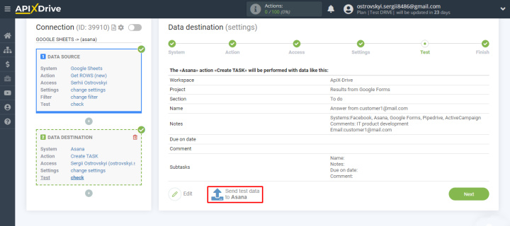 Personalización de Asana | Envío de datos de prueba a Asana