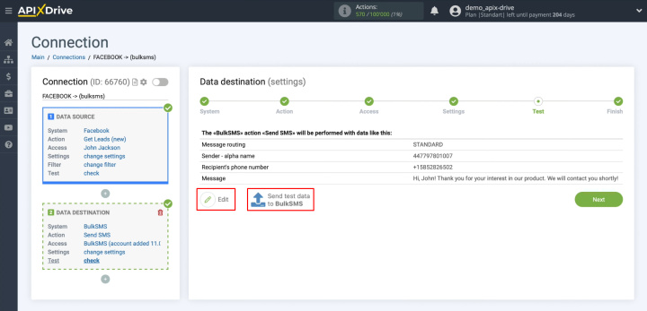 Integración de Facebook y BulkSMS | Para verificar la configuración, haga clic en "Enviar datos de prueba a BulkSMS"