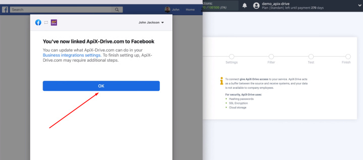 Integración de Facebook y Slack | Haga clic en Aceptar