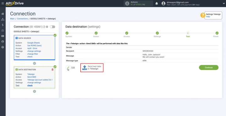 Integración de Google Sheets y Telesign | Los datos de prueba que se enviarán a Telesign