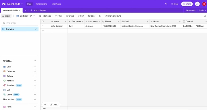 Integración de Agile CRM y Airtable | Resultado de la transferencia de datos a Airtable