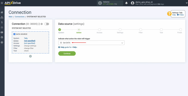 Integración de Tally y Slack | Seleccione la acción "Obtener DATOS"