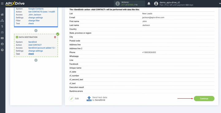 Integración de Google Contacts y SendGrid | Regresar a ApiX-Drive y continuar con la configuración