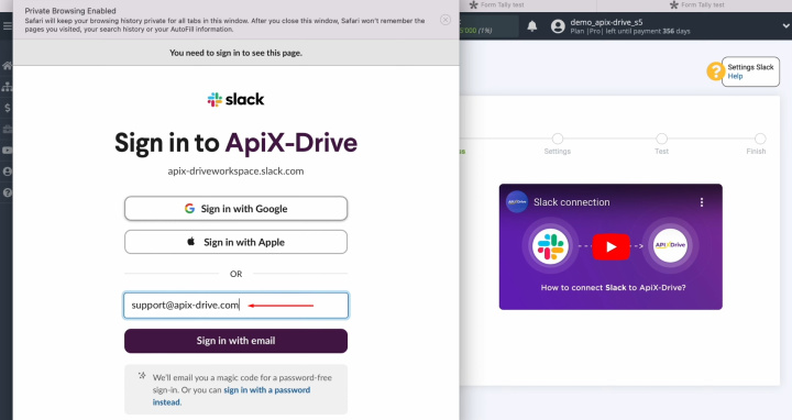 Integración de Tally y Slack | Especifique el inicio de sesión para su cuenta personal de Slack