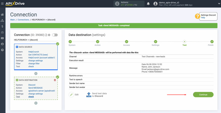 Integración de HelpCrunch y Discord | Regresar a ApiX-Drive y continuar con la configuración