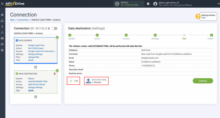 Integración de Google Ads Lead Form y Notion | Para verificar tu configuración, haz clic en “Enviar datos de prueba a Notion”