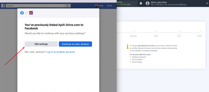 Integración de Facebook y Slack | Haga clic en "Editar configuración"