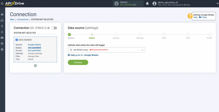 Integración de Google Sheets y Airtable | Elija la acción "Obtener FILAS (nuevas)"