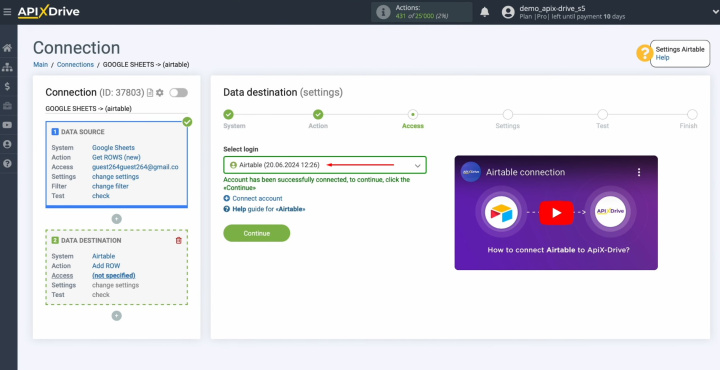 Integración de Google Sheets y Airtable | Seleccione el inicio de sesión conectado