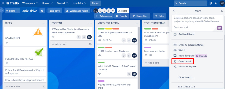 Cómo copiar un tablero de Trello | Haga clic en "Copy board"