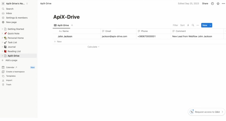 Integración de Webflow y Notion | Resultado de la transferencia de datos a Notion Integración de Webflow y Notion | Resultado de la transferencia de datos a Notion