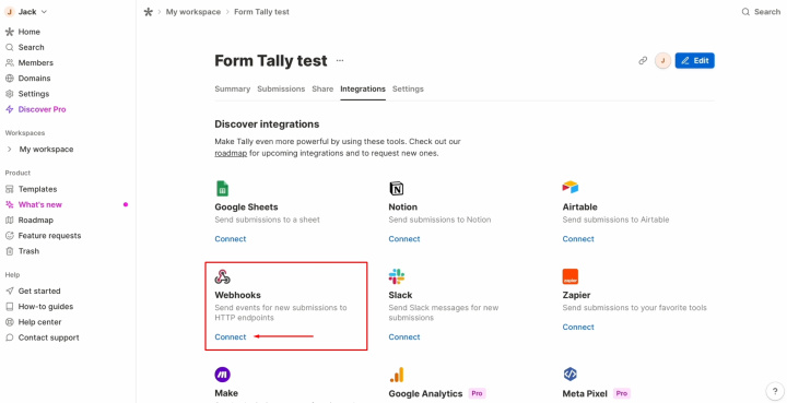 Integración de Tally y Slack | Busque el webhook y haga clic en "Conectar"