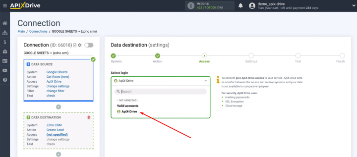 Integración de Google Sheets y Zoho CRM | Seleccione la cuenta de Zoho CRM