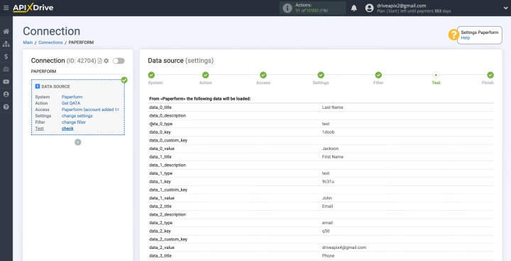 Integración de Paperform y Gmail | Los datos de prueba que se acaban de generar.