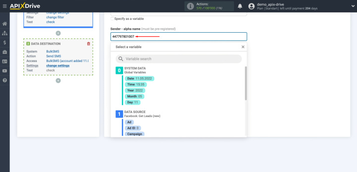 Integración de Facebook y BulkSMS | Complete el campo "Nombre alfa del remitente"